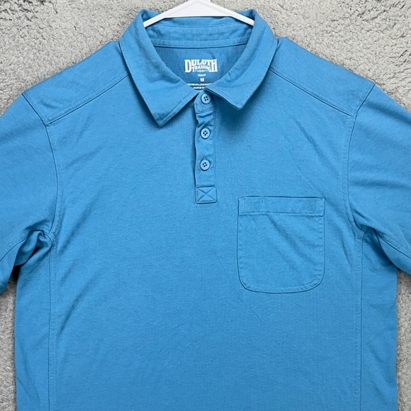 Duluth Trading Co. Mens Polo Shirt Medium Blue Trim Fit Coolmax Rugby Pocket